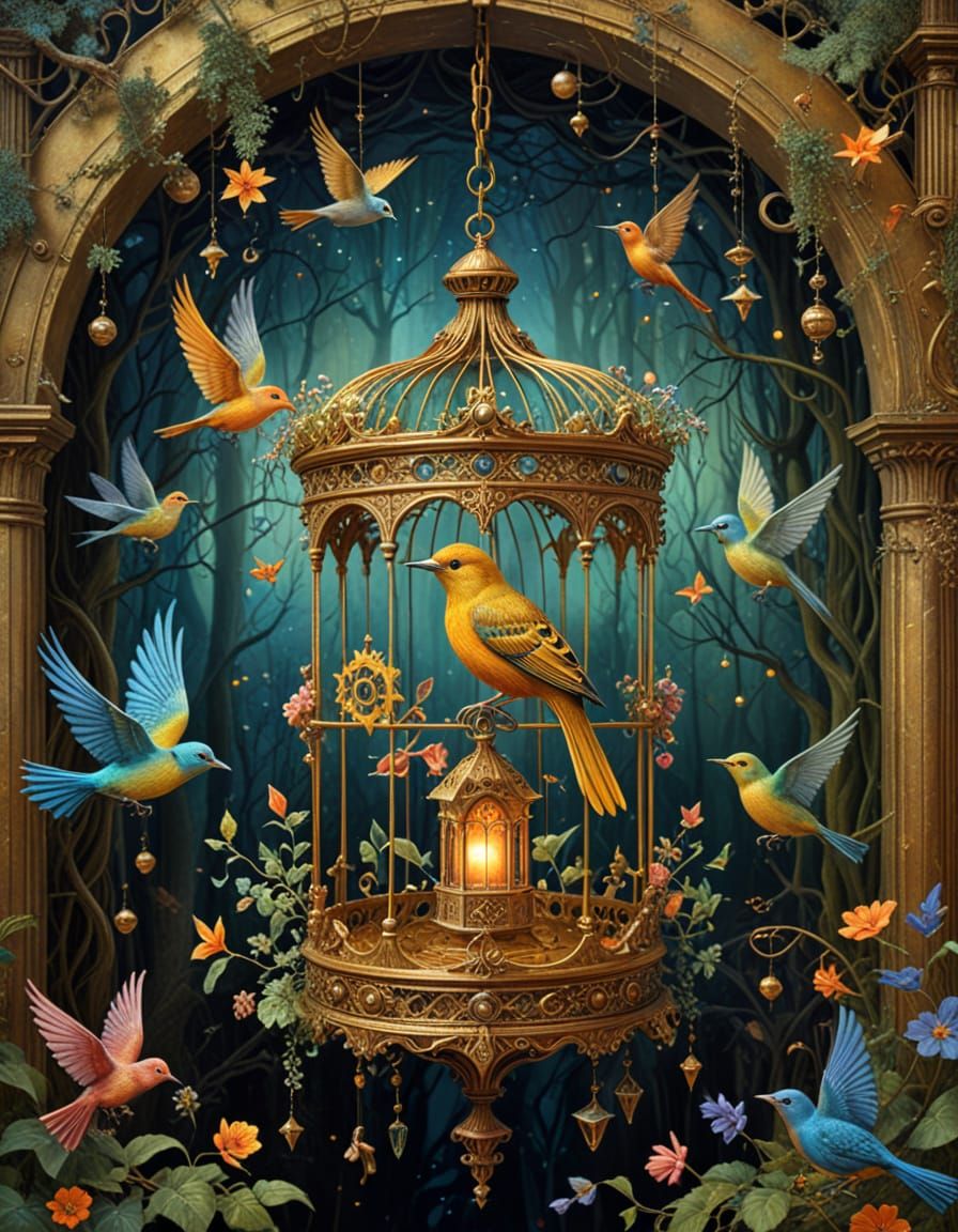 Golden Birdcage with Escaping Iridescent Birds