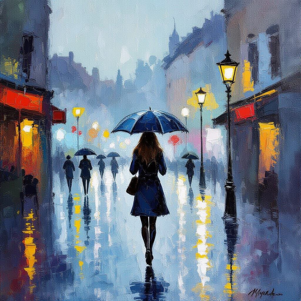 Woman Walking in Rain: Gouache Watercolor Impressionism