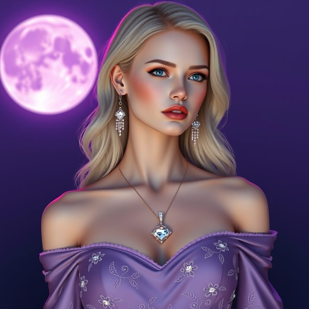 Glowing Purple Goddess in Elegant Silk Gown