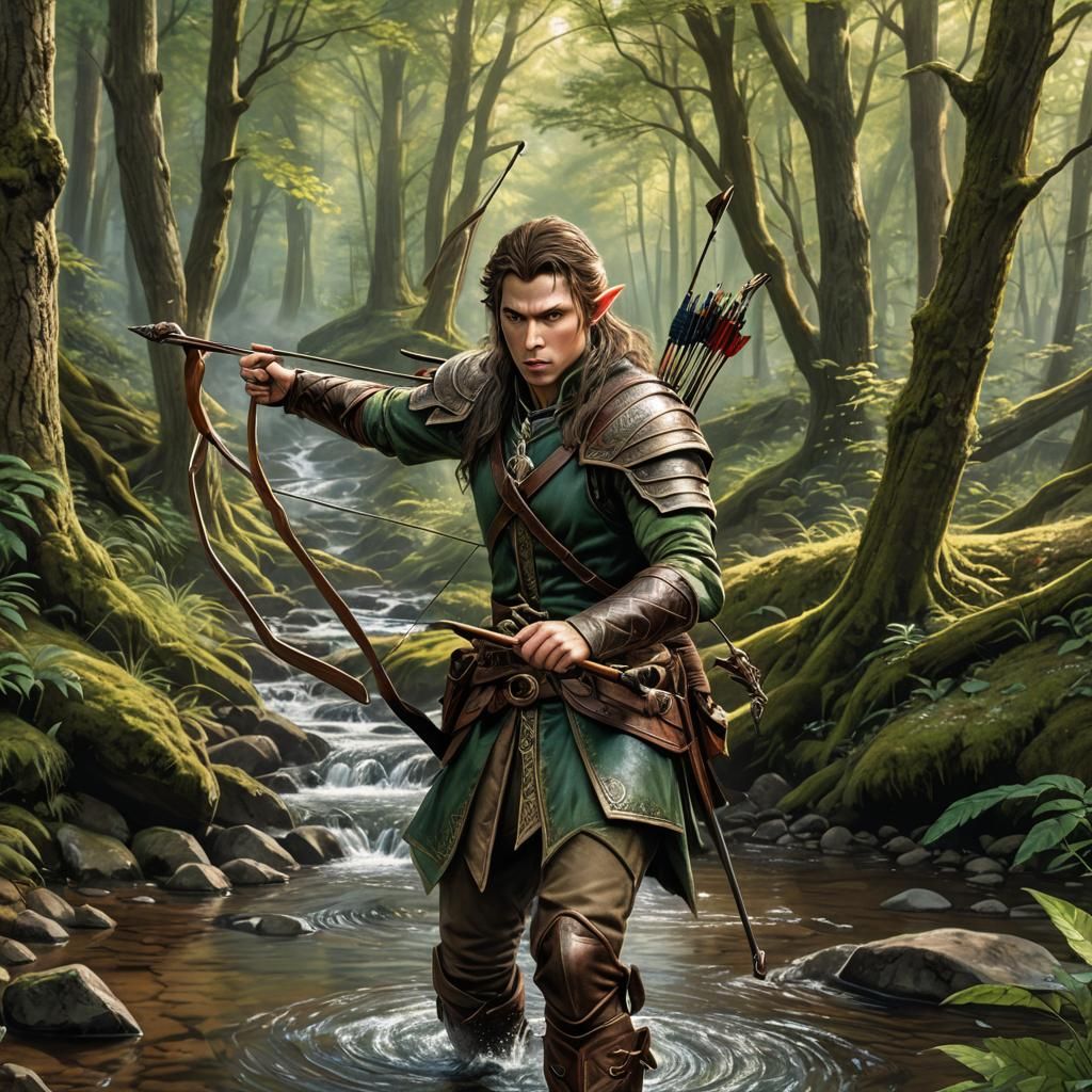 Half-Elf Ranger in Forest, Colored Pencil Drawing