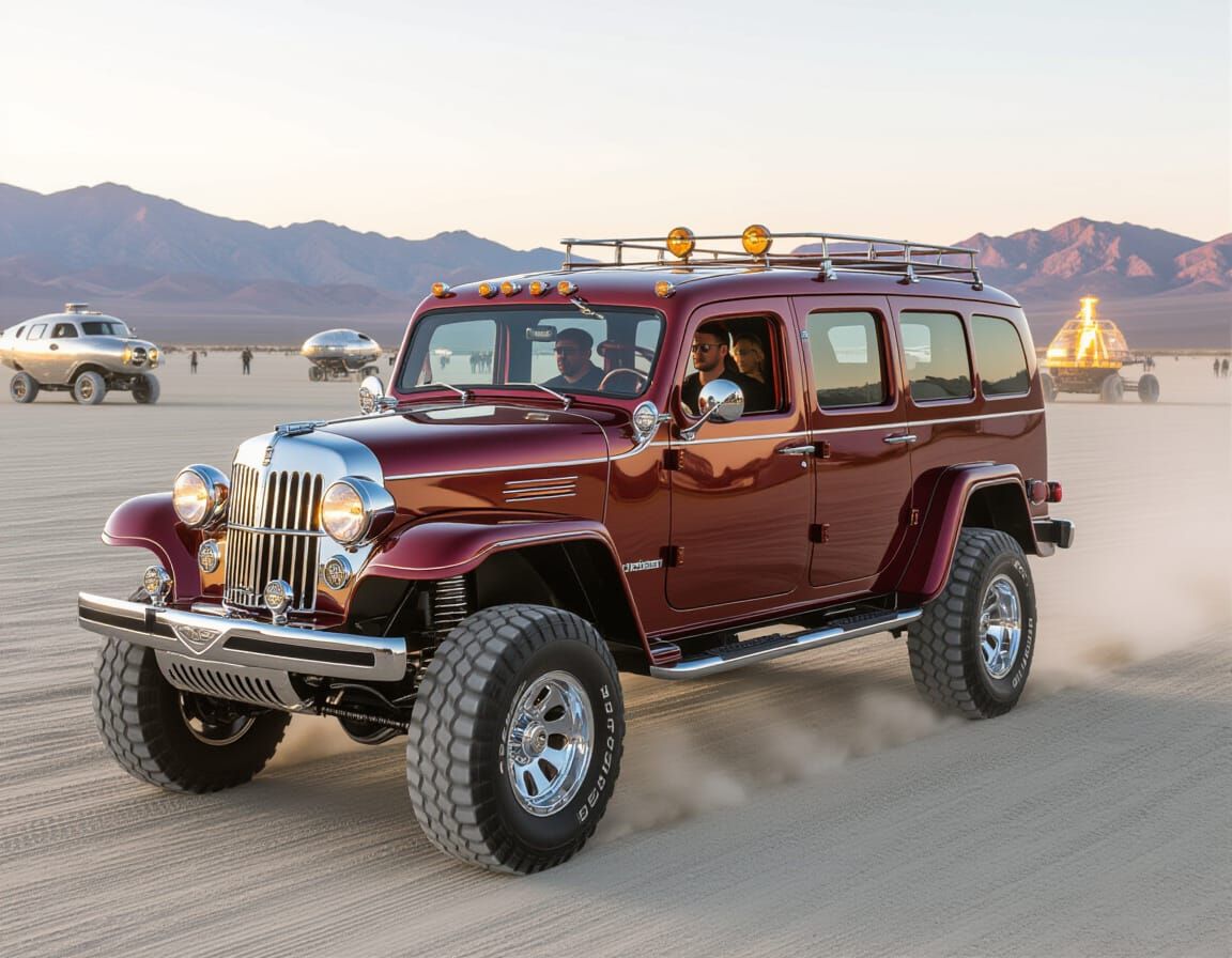 Steampunk HUMMER Limousine Driving Through Futuristic Desert