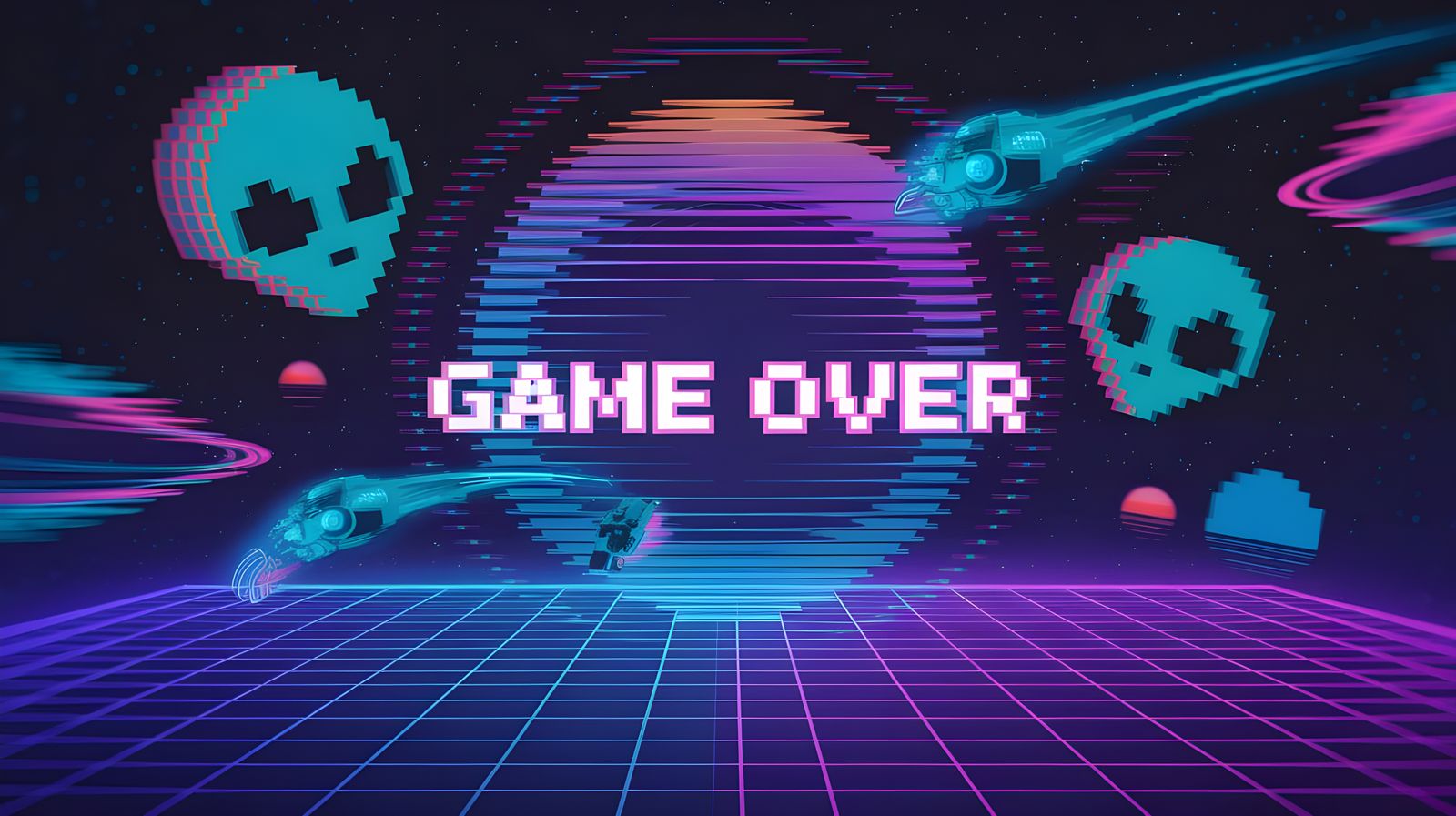 Retro Futuristic Pixel Art Scene with Glitched Aliens and Sp...