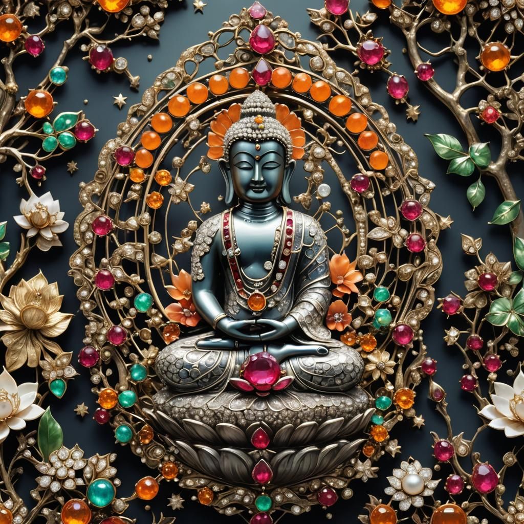 Ornate Buddha Brooch with Precious Gems and Hindu Forest