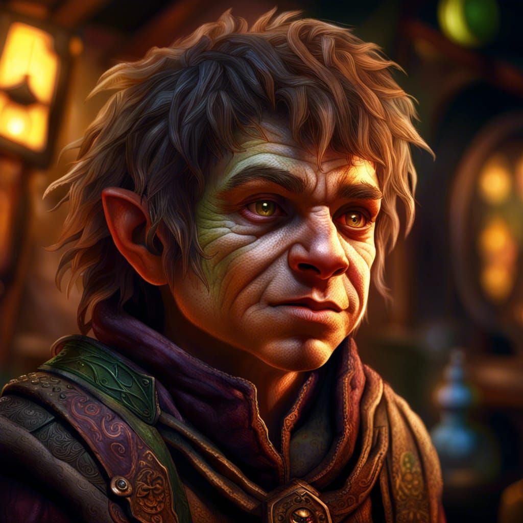 Character portrait of a halfling warlock outside a tavern