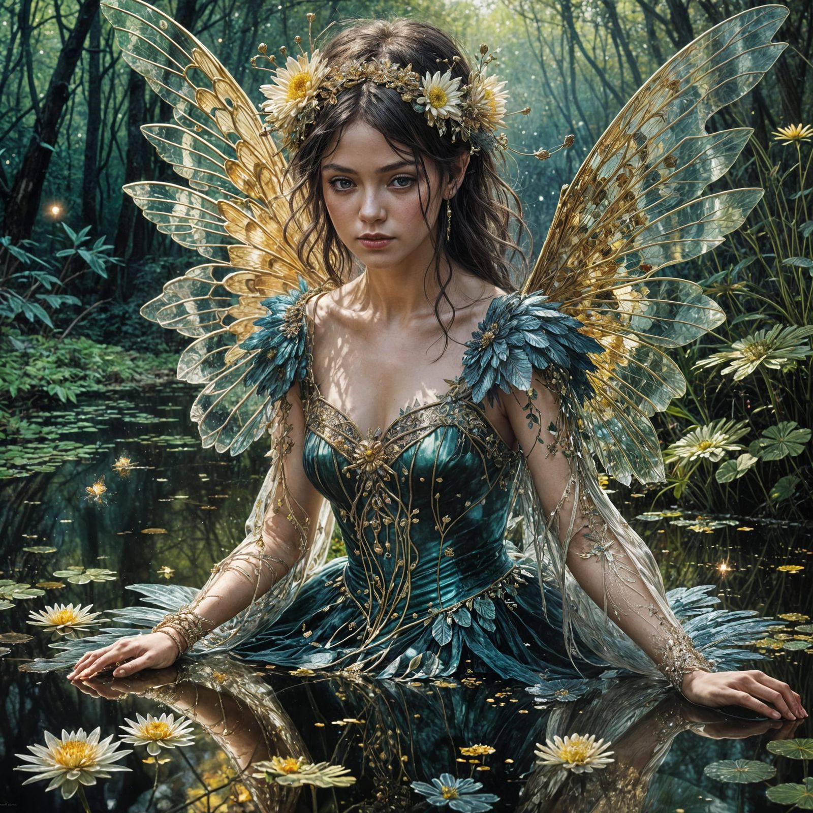 Ornate Winged Faery Reflecting in Jewel Dress
