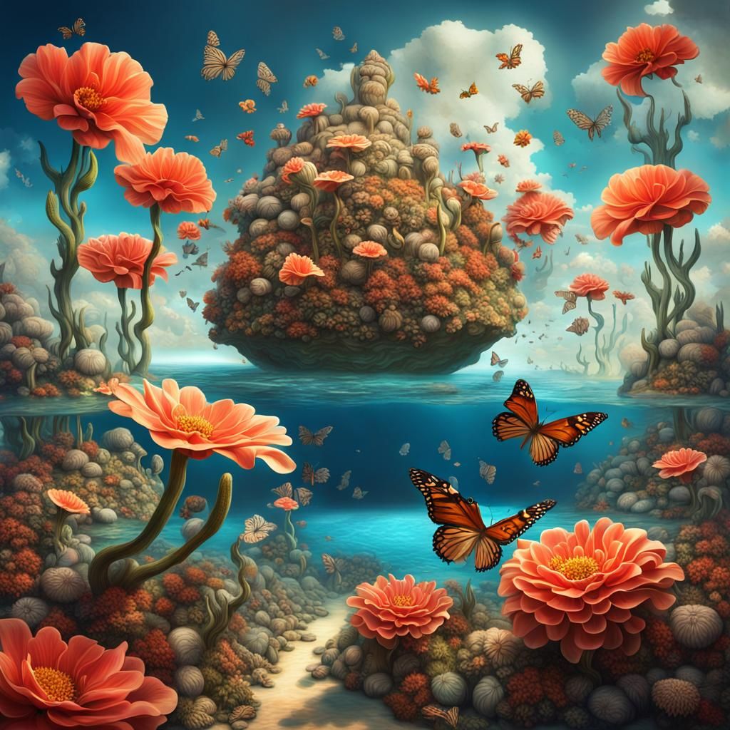Surreal Floating Islands with Giant Flowers, Dali Style