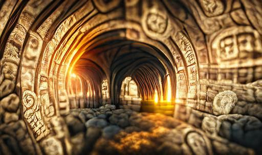 Steampunk Tunnel of Ancient Stone Carvings