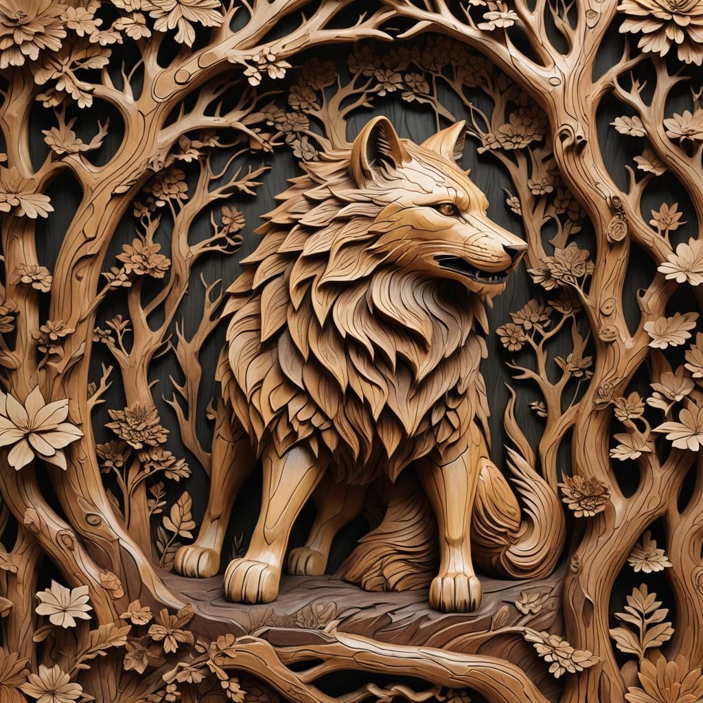 Kitsune Forest Spirit Carved in Wood
