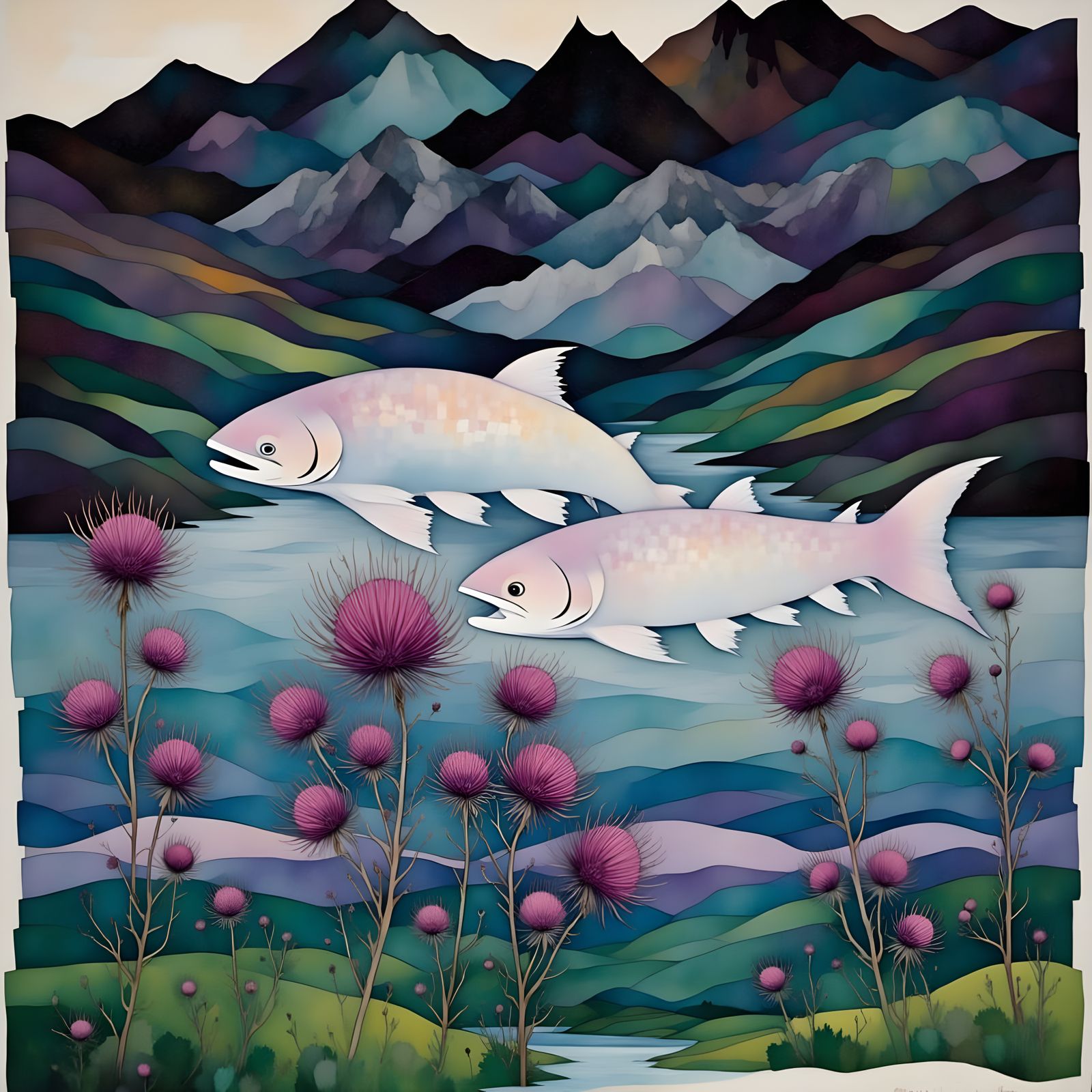 Whimsical Scottish Highlands in Vibrant Pastel Hues