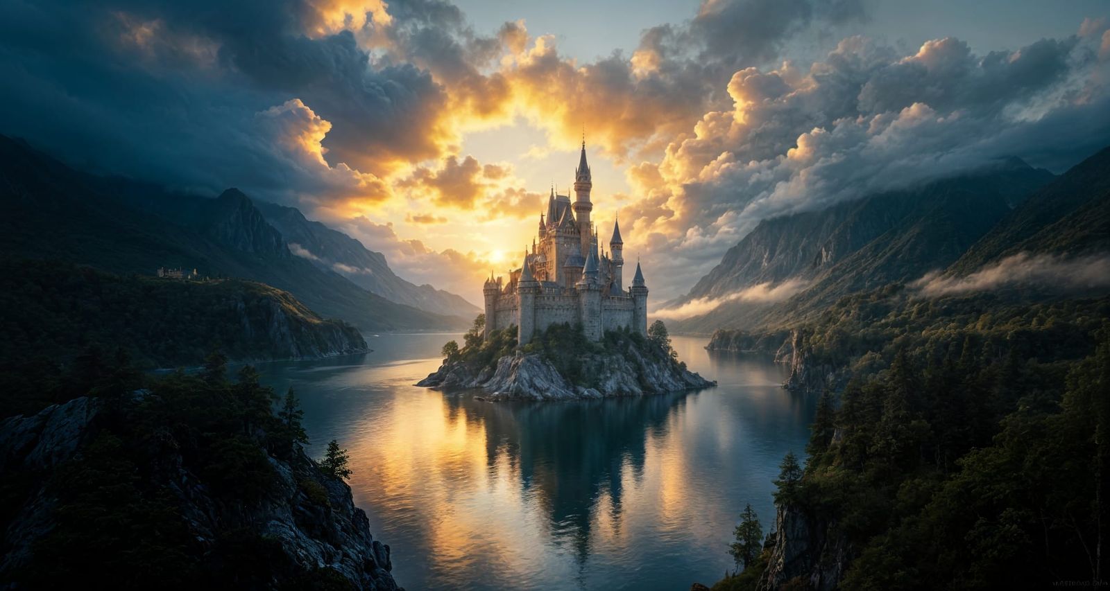 Fantasy Castle on Island at Dawn in Filmic Photography