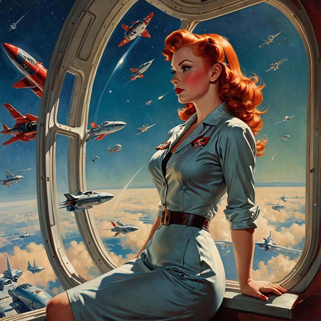 Retrofuturistic Pinup Girl Gazing at Spaceships