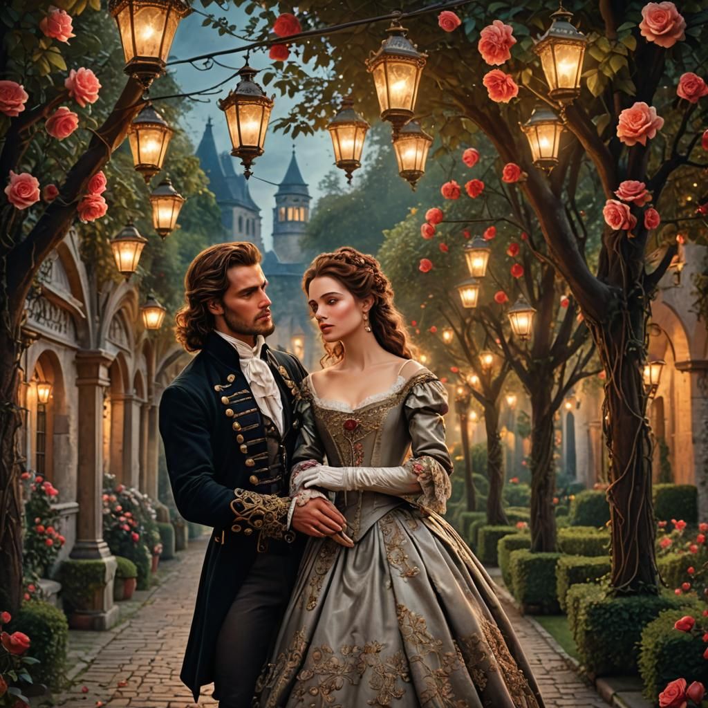 Romantic Embrace in a Lantern-Lit Garden