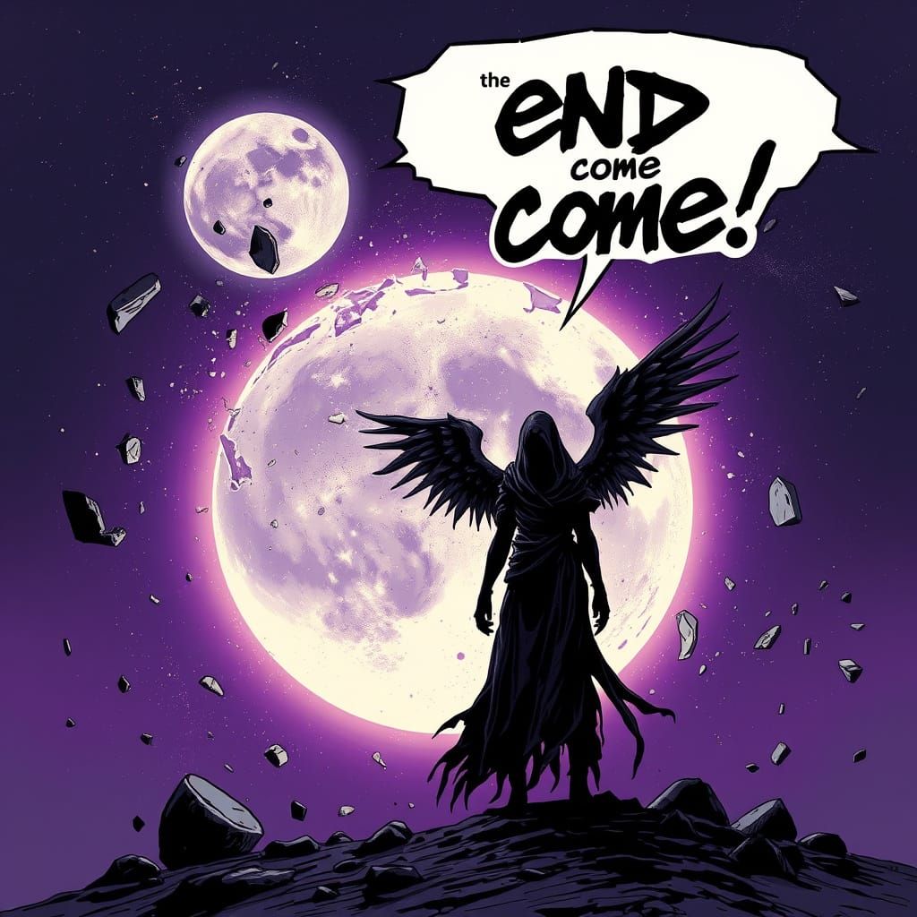 Apocalyptic Moon Collision with Winged Figure