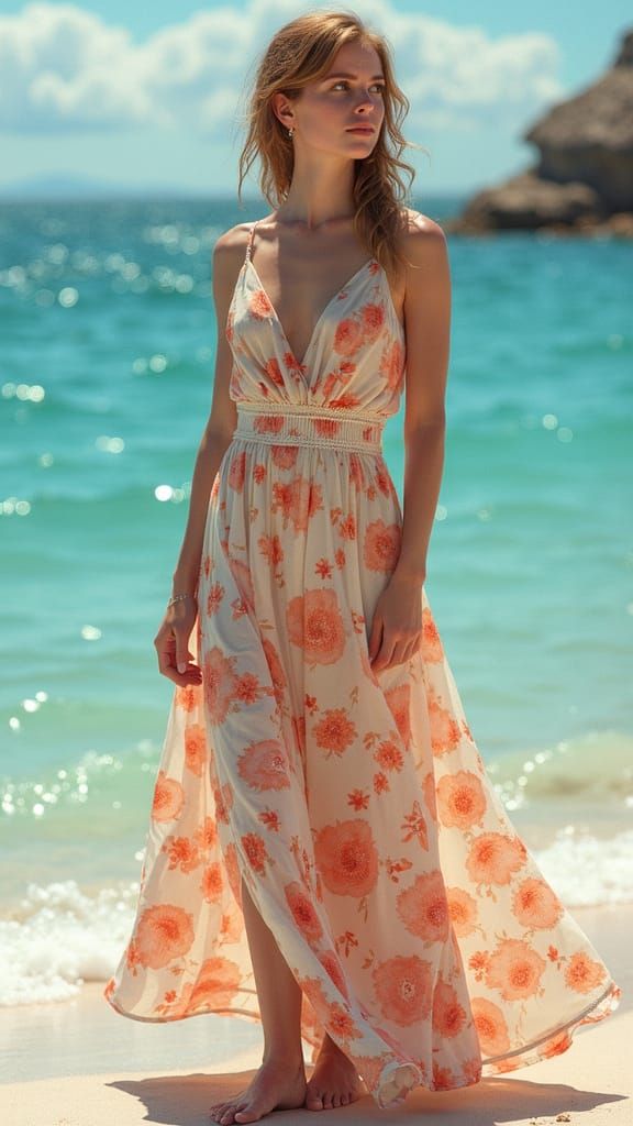 Elegant Woman Stands on Serene Beach in Impressionist Style