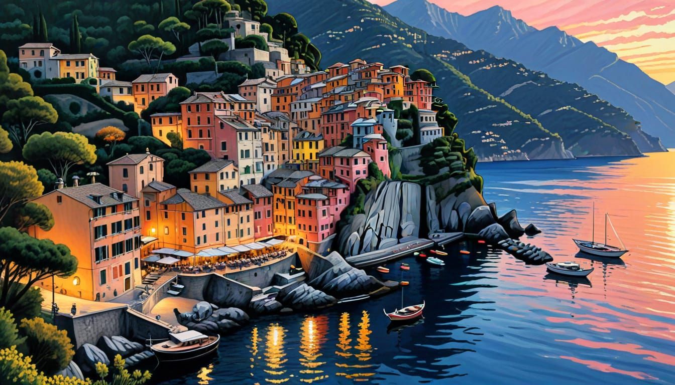 Portofino Sunset in Alcohol Marker Style