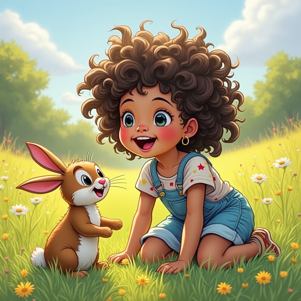 Girl and Bunny in Whimsical Comic Style