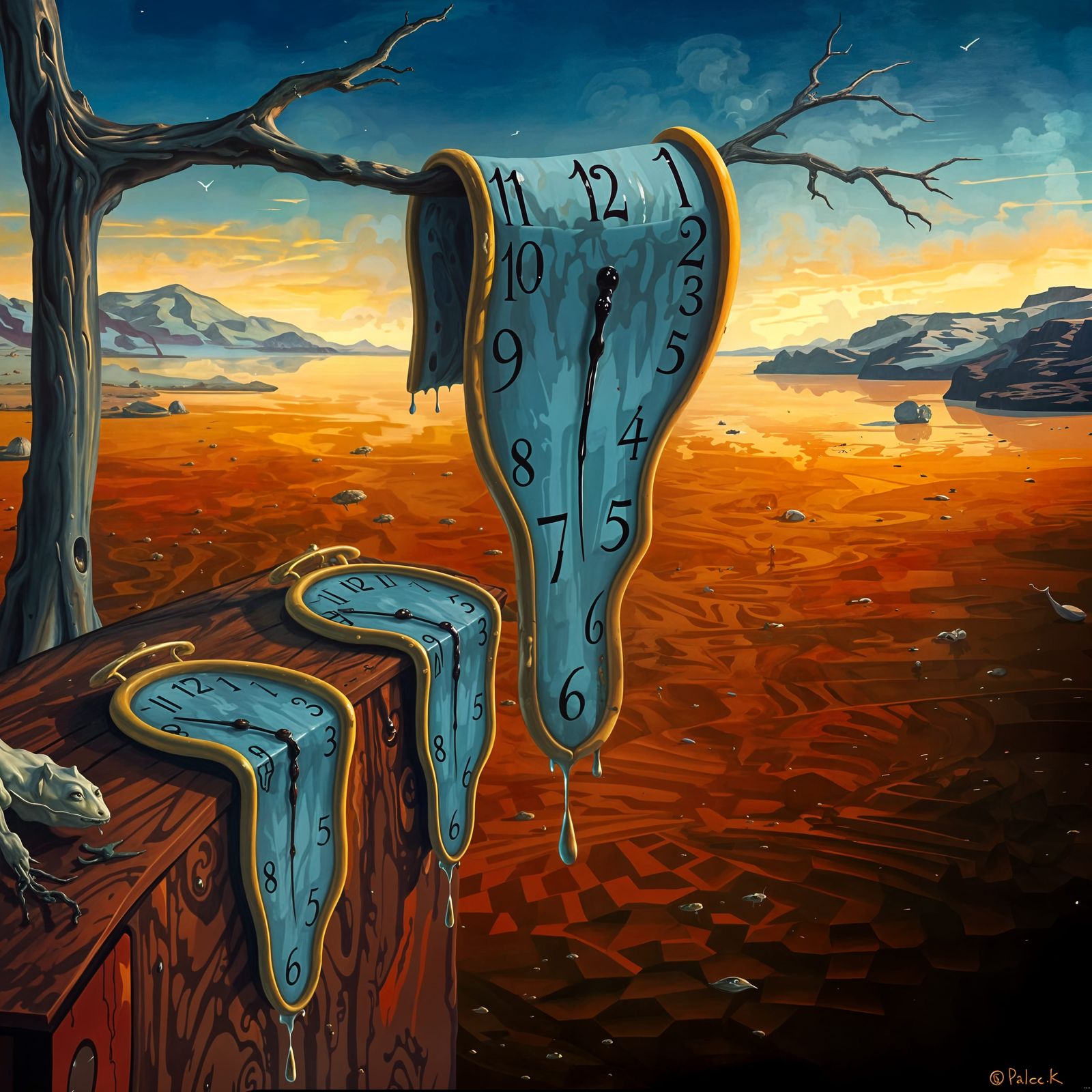Surreal Melting Clocks in Desert Landscape, Salvador Dali St...
