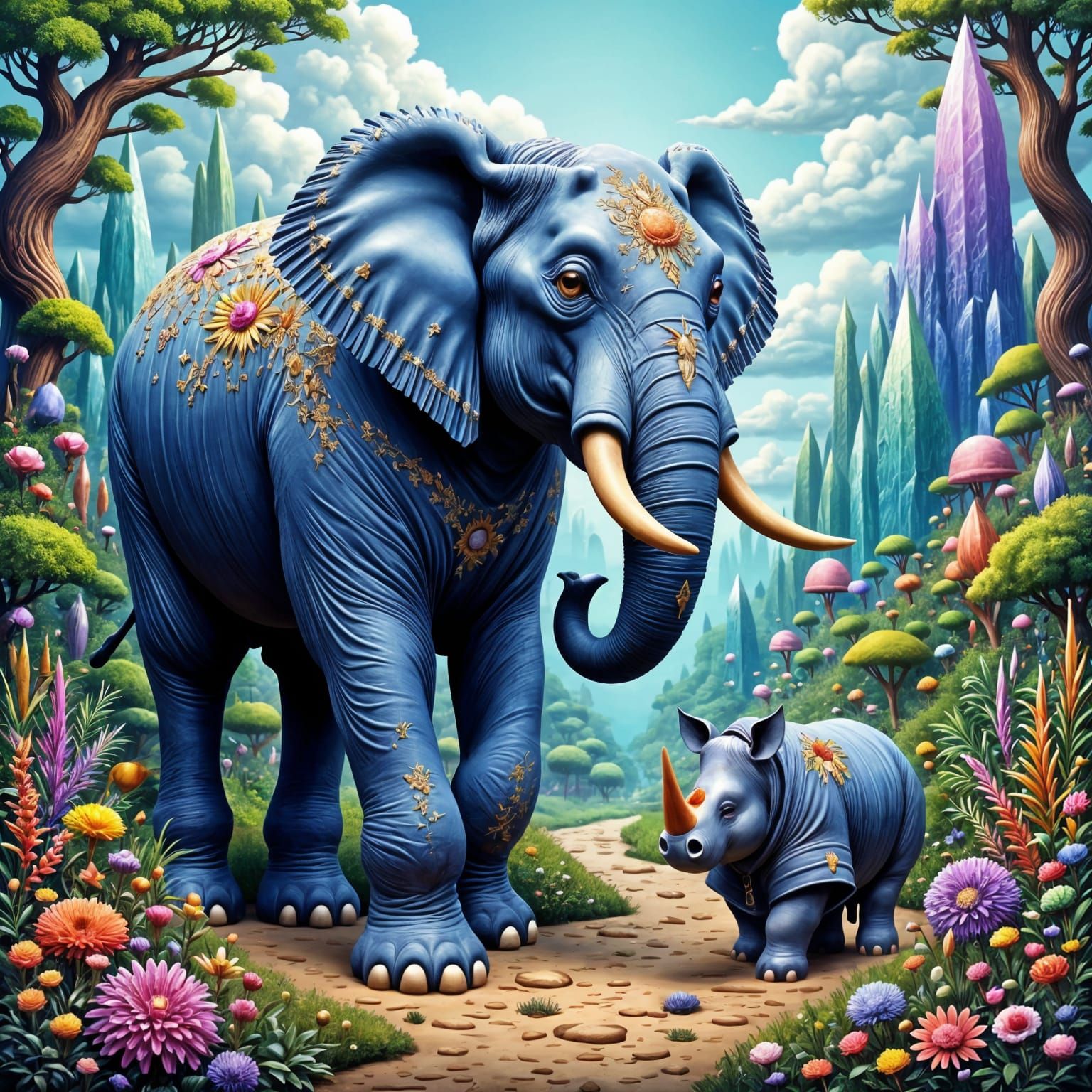 Denim Elephant and Rhino in Fantasy Landscape