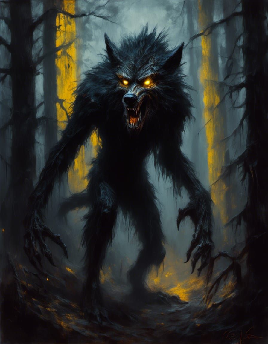 Creepy Werewolf Howling in Foggy Forest