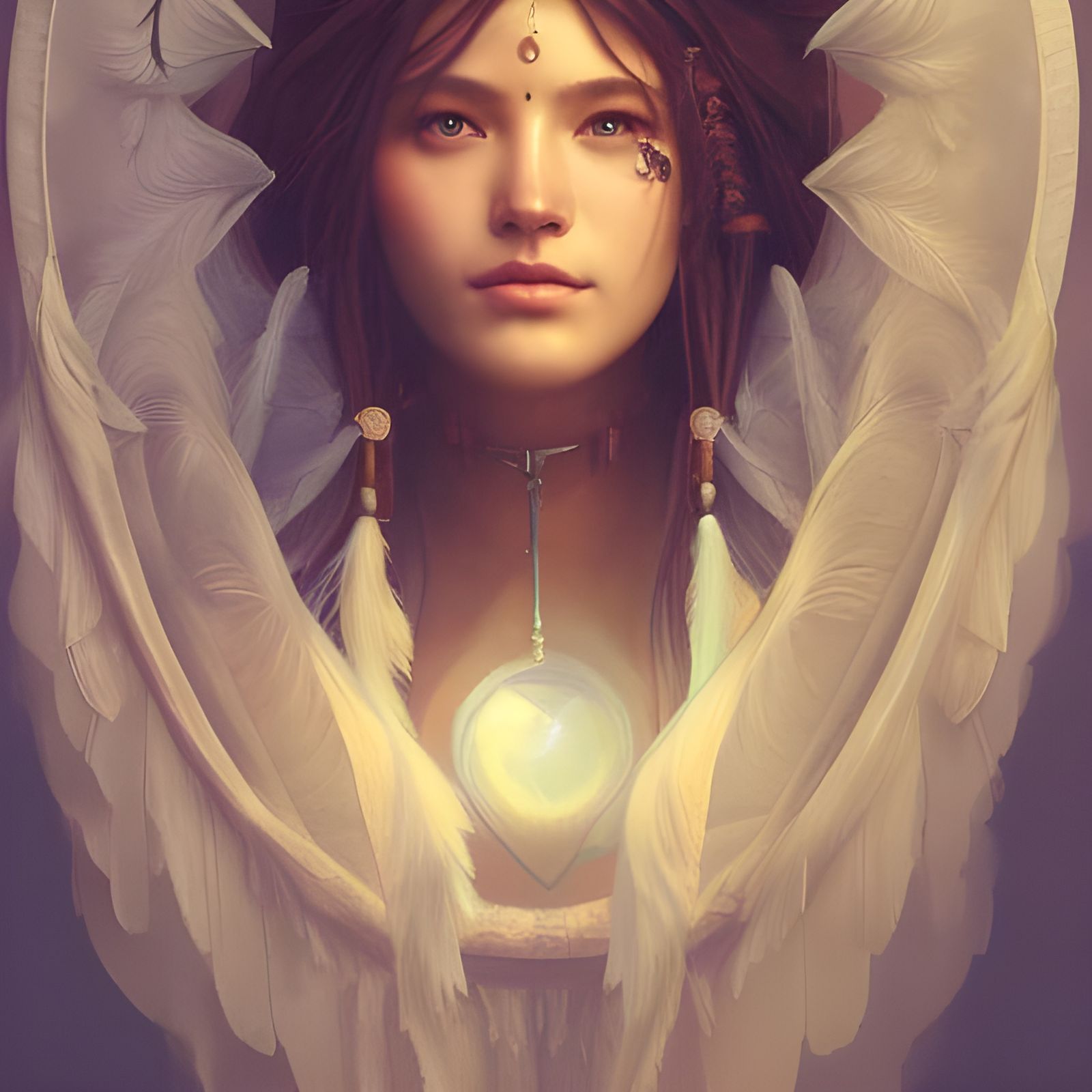 Dreamcatcher Woman Portrait with Feathers and Smoke