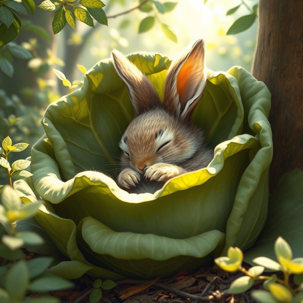 Whimsical Forest Bunny in a Cabbage Leaf