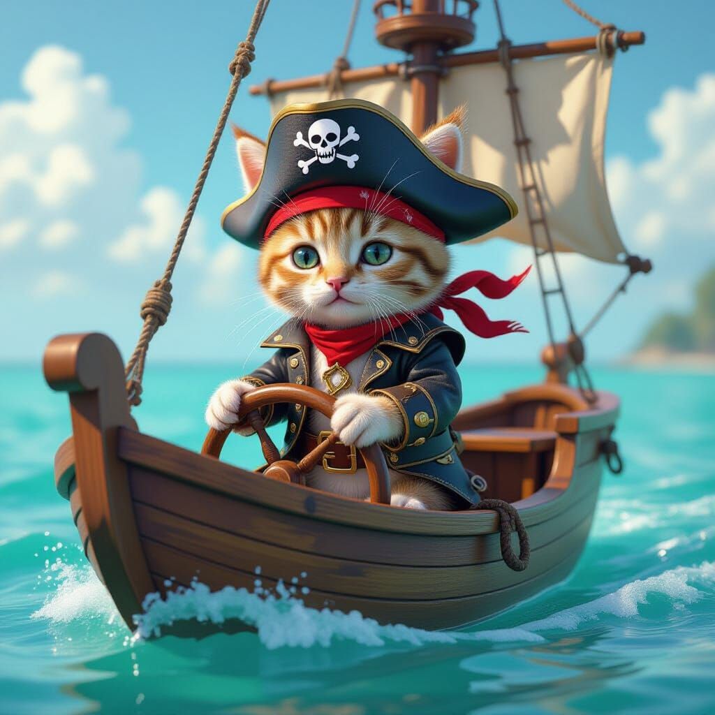 Kitten Pirate Captain on a Vintage Ship