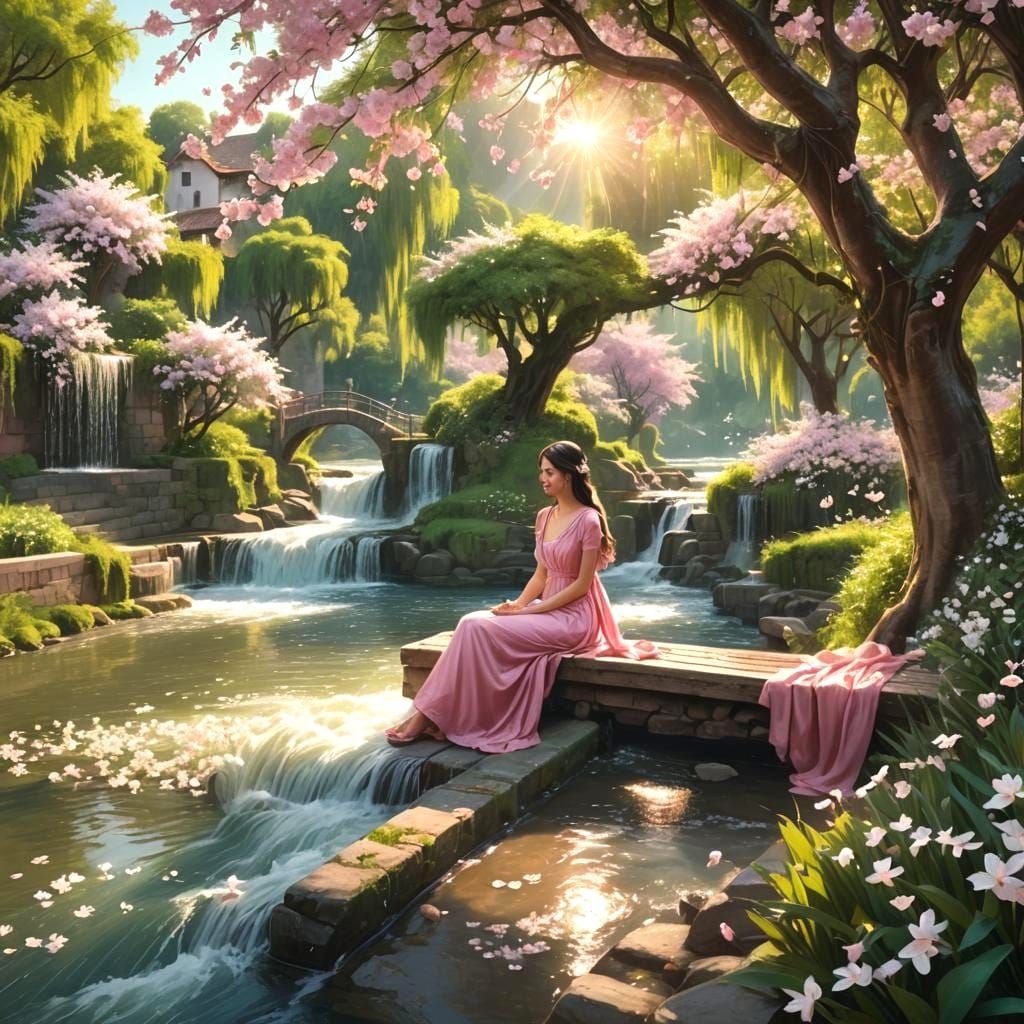 Girl by Canal with Waterfalls in Detailed Matte Painting
