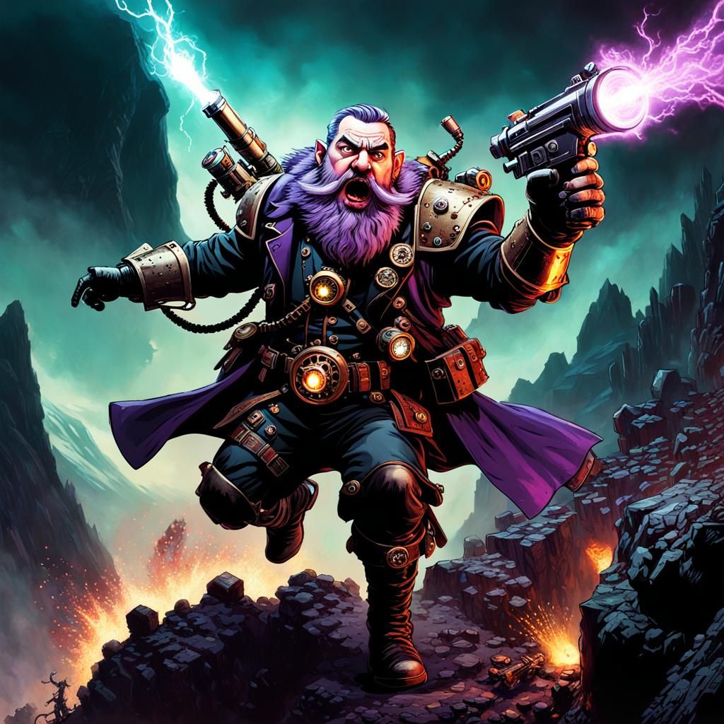 Lovecraftian Steampunk Dwarf Jumps from Crag