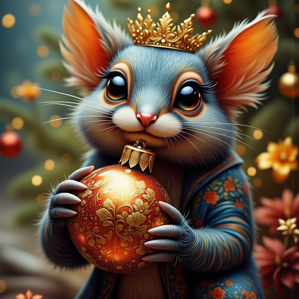 Creature with Holiday Ornament in Floral Khokhloma Style