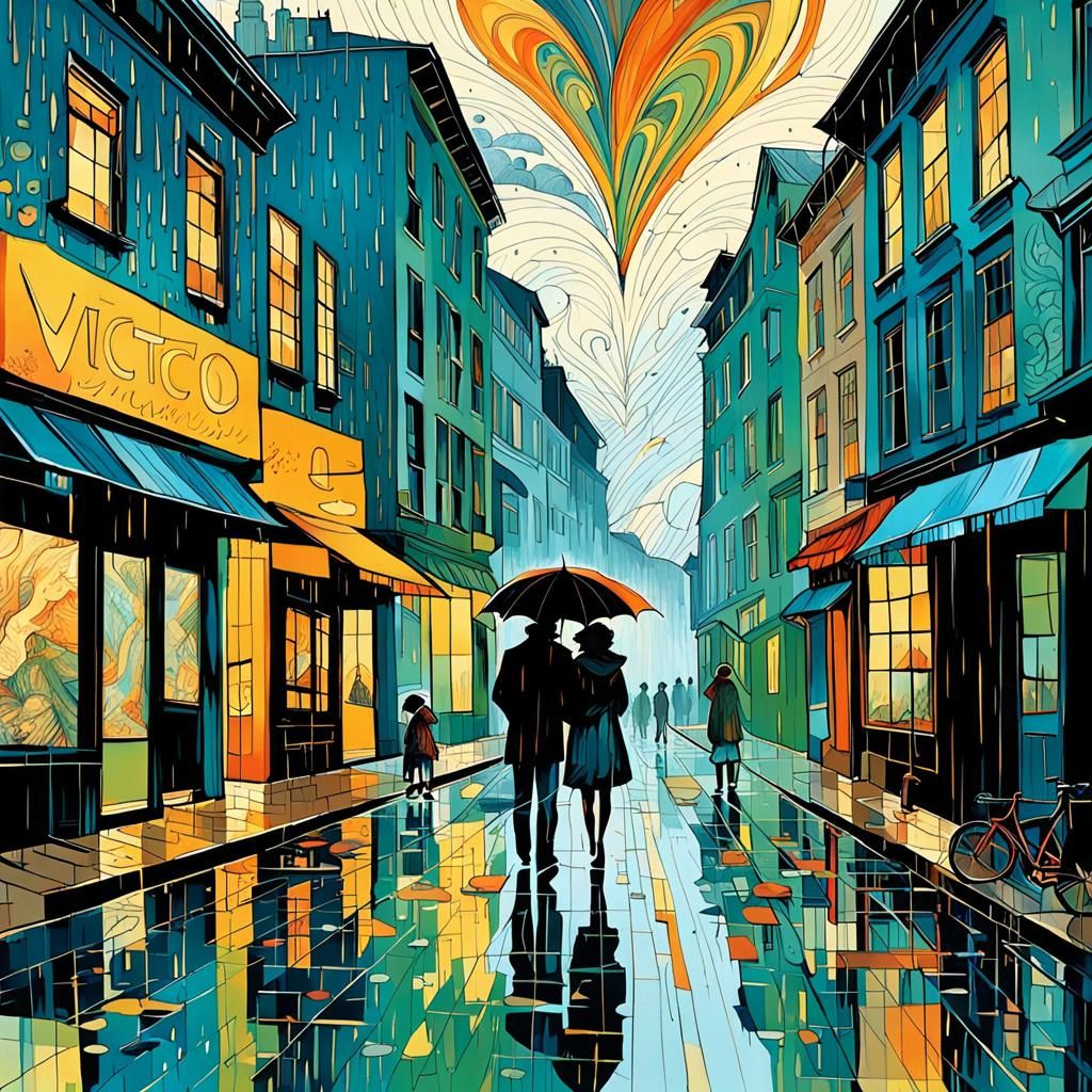 1970s Lovers Embrace in Surreal Rainy Heart