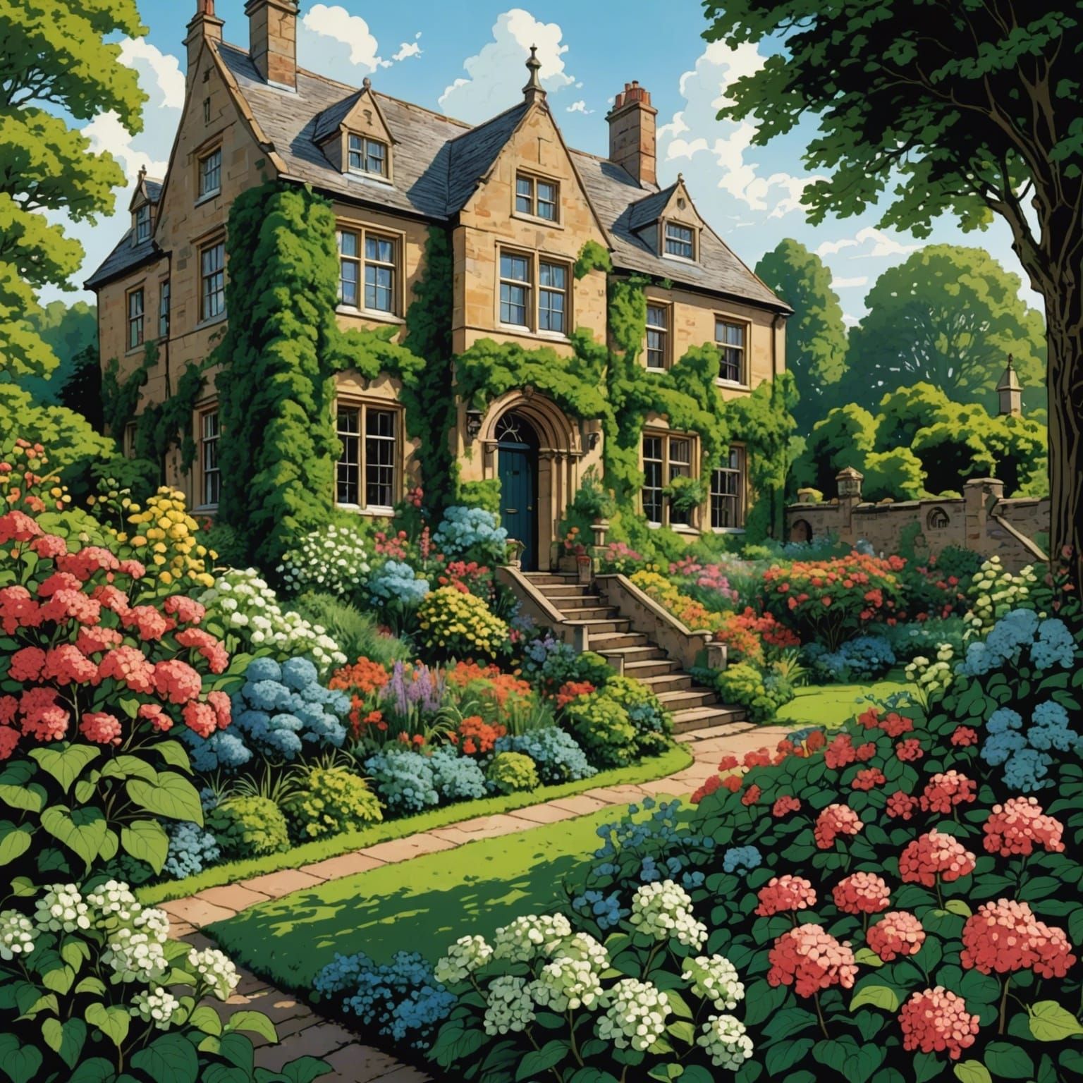 A lush English Garden with many flowers and viburnum behind ...