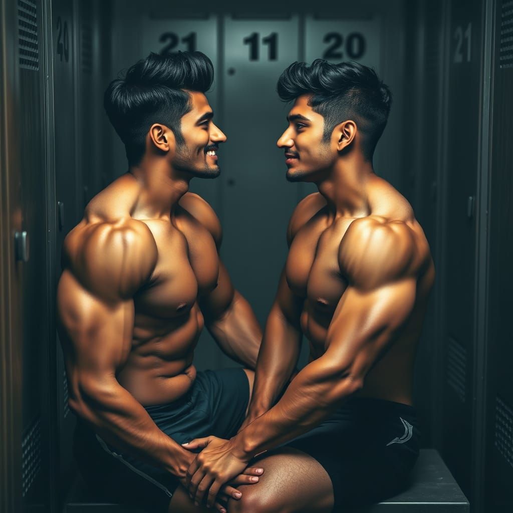 Two Muscular Men in Locker Room, Dramatic Lighting