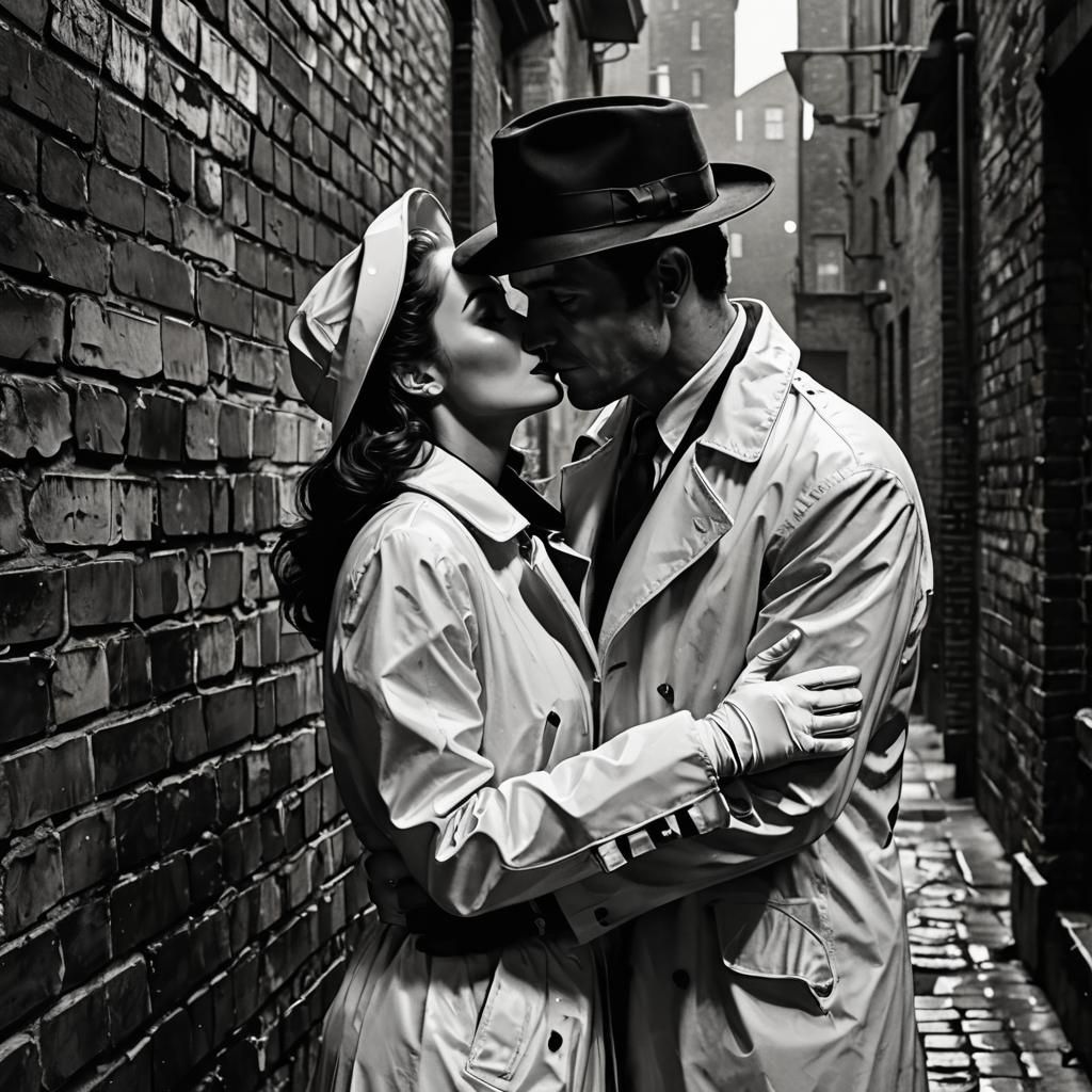 Film Noir Kiss in Dark Alley: Ink Drawing Style