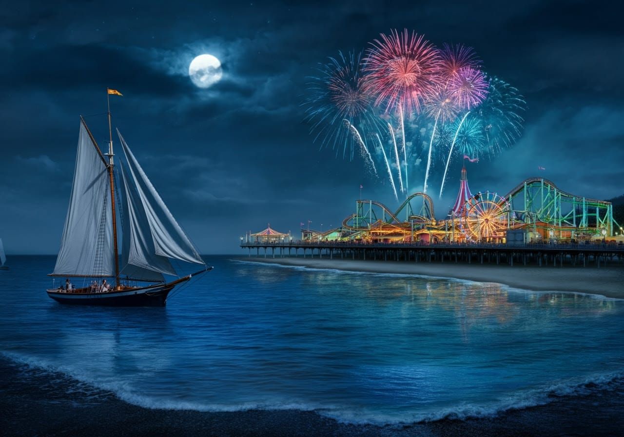 Moonlit Sailboat at Victorian Amusement Park