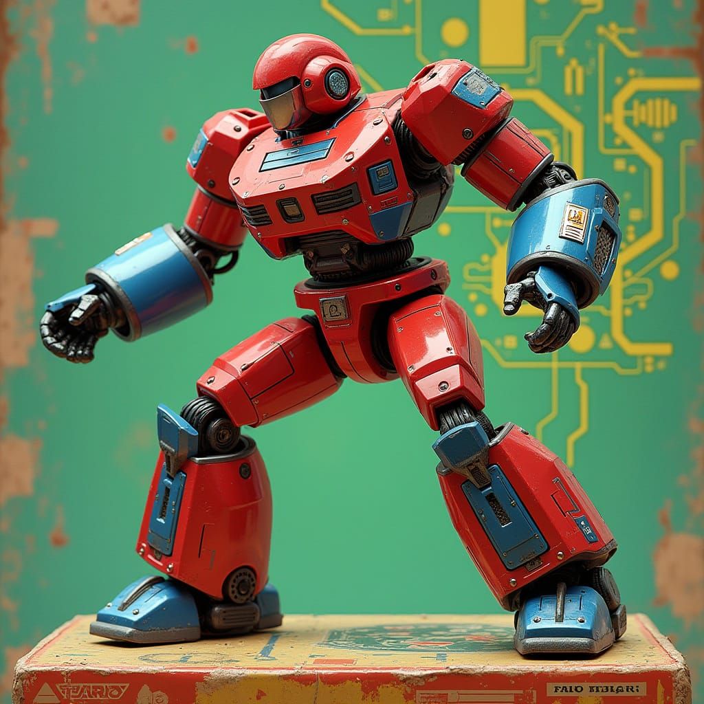 Dynamic Robot on Vintage Action Figure Box in Retro-Futurist...