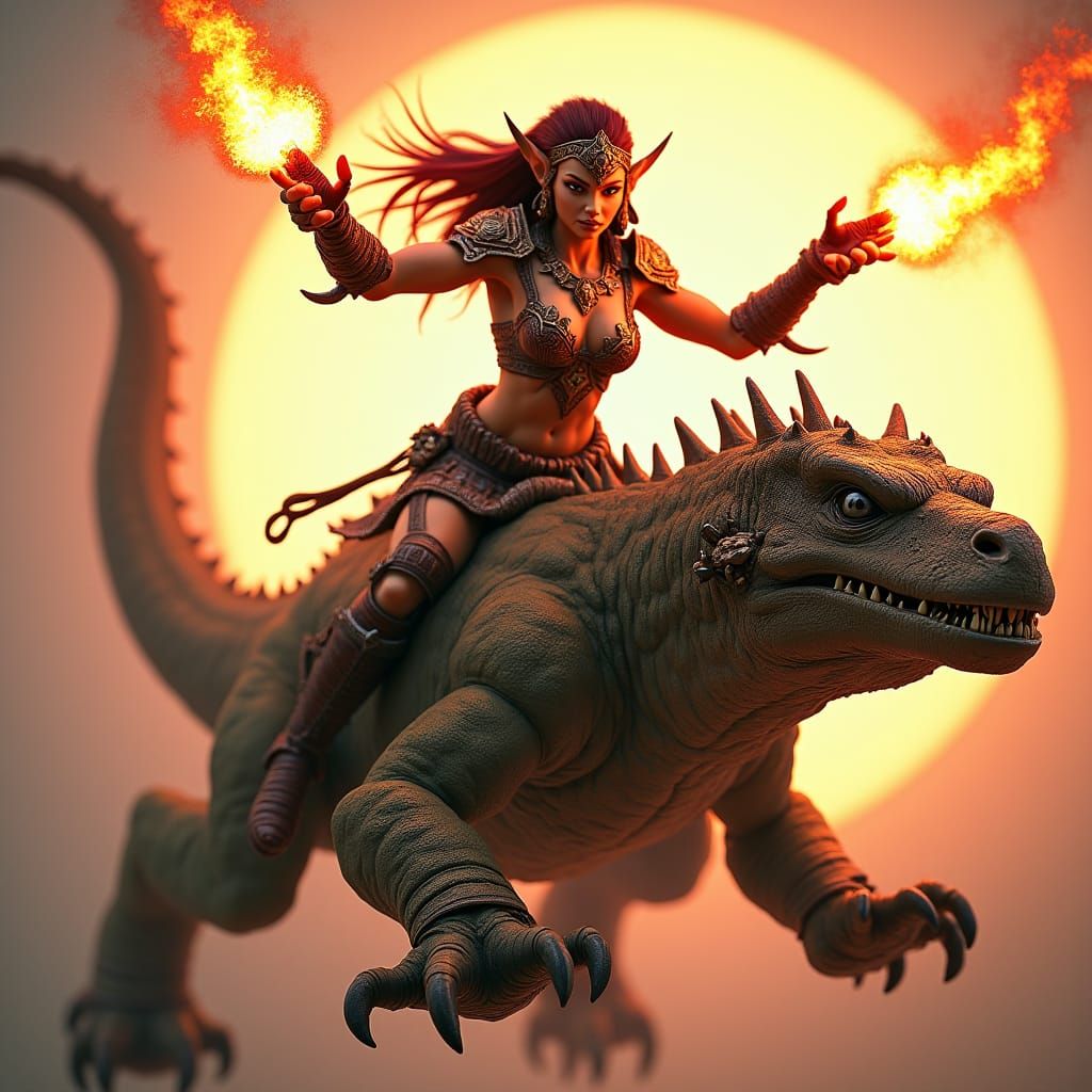 Armored Orc Riding Armored Lizard with Flaming Whips