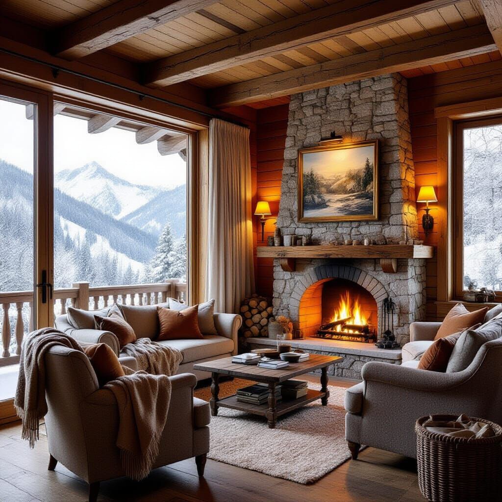 Cozy Chalet with Snowy Alps View in Oil Painting Style