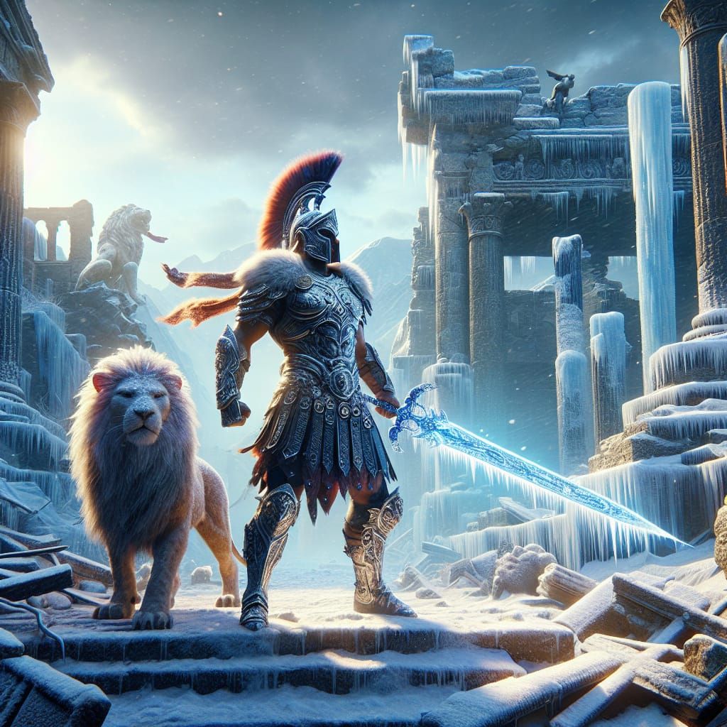 Roman Centurion Stands Tall Amidst Ancient Ruins in Hypereal...