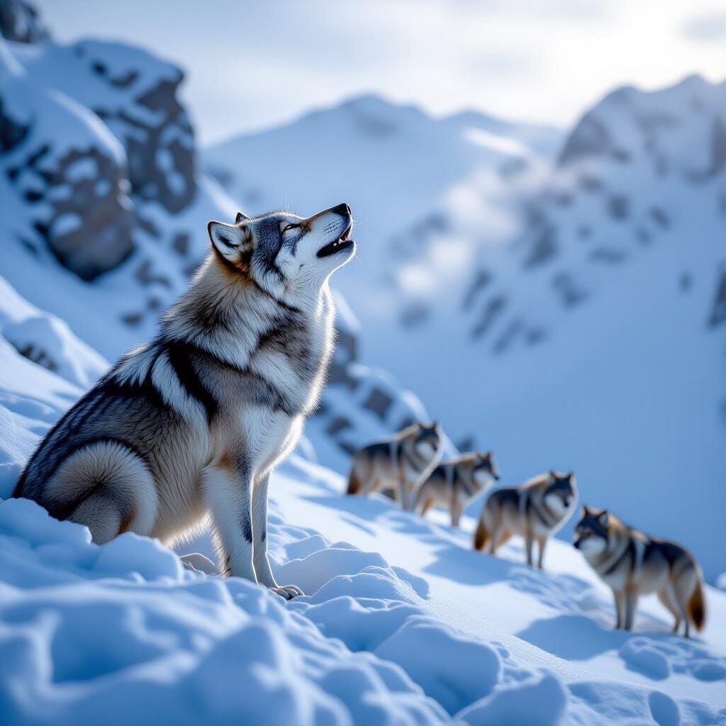 Majestic Wolf Pack Howling on Snowy Cliff in Cinematic Style