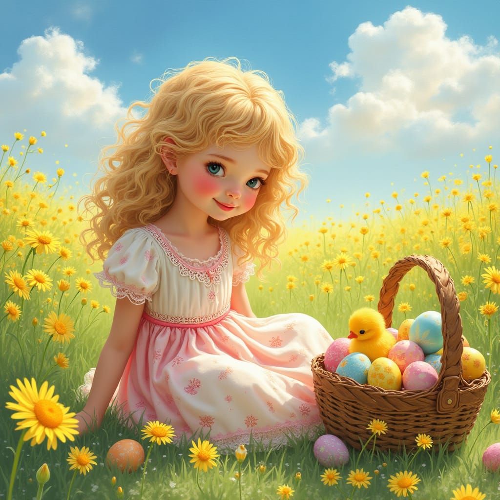 Joyful Easter Scene with a Young Girl and Vibrant Dandelions