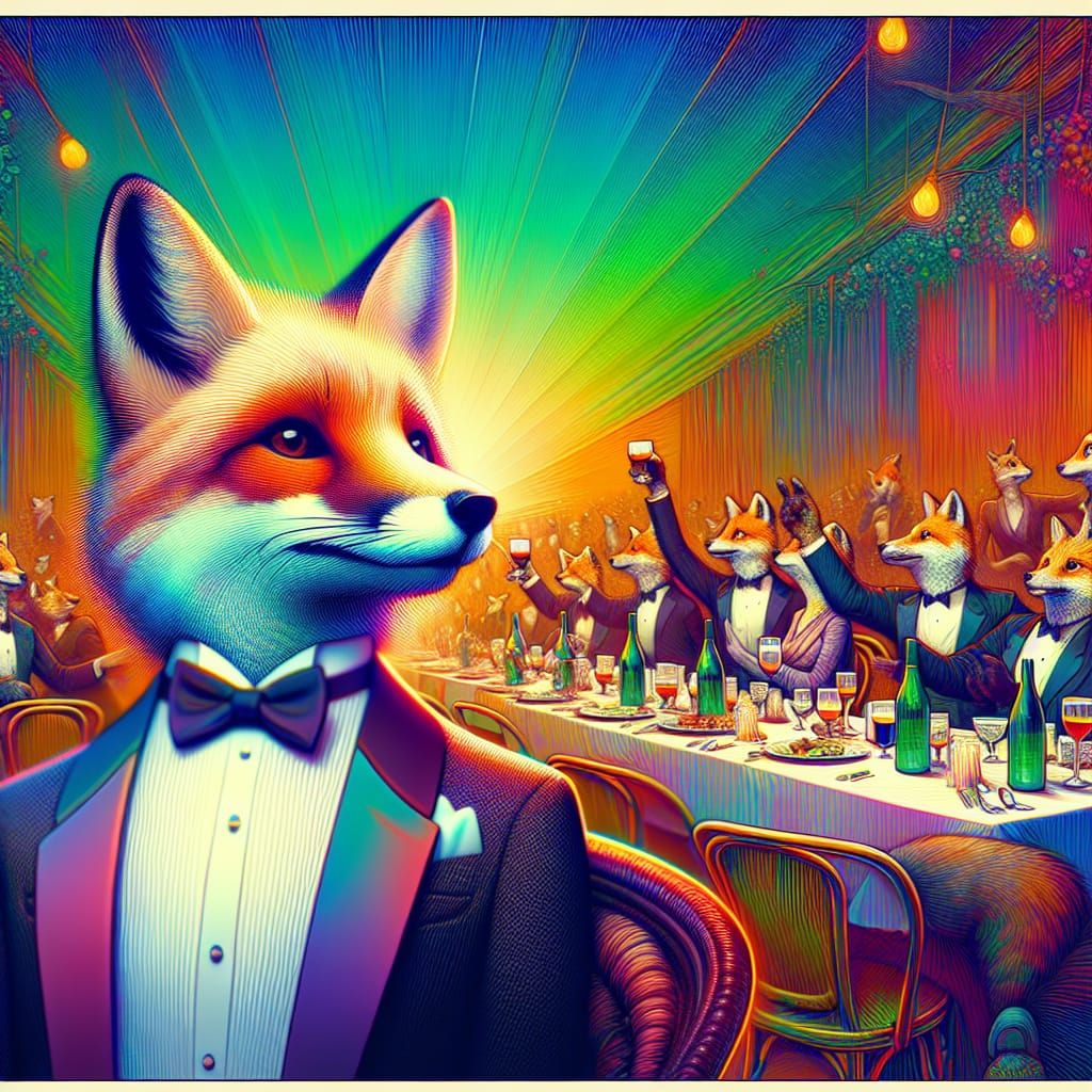 Fox in Tuxedo at Dinner Party: 3D Digital Art