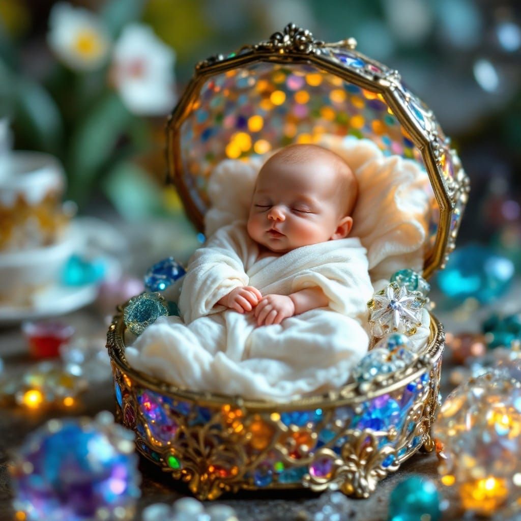 Whimsical Dreamscapes: Cherubic Baby in Glass Jewelry Box