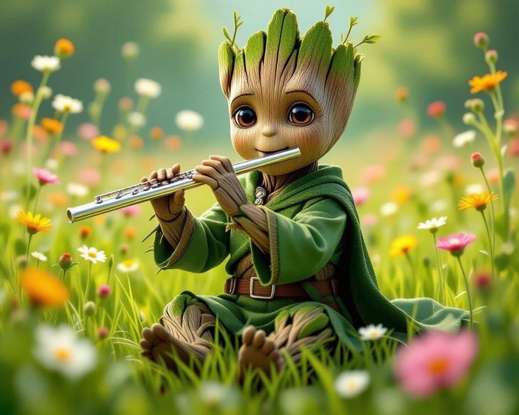 Baby Groot Plays Flute in Green Field