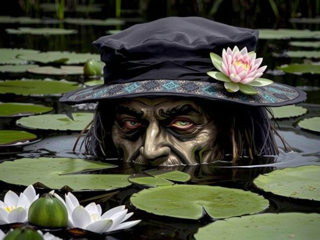 A Grim Figure Drowning in Water Lilies