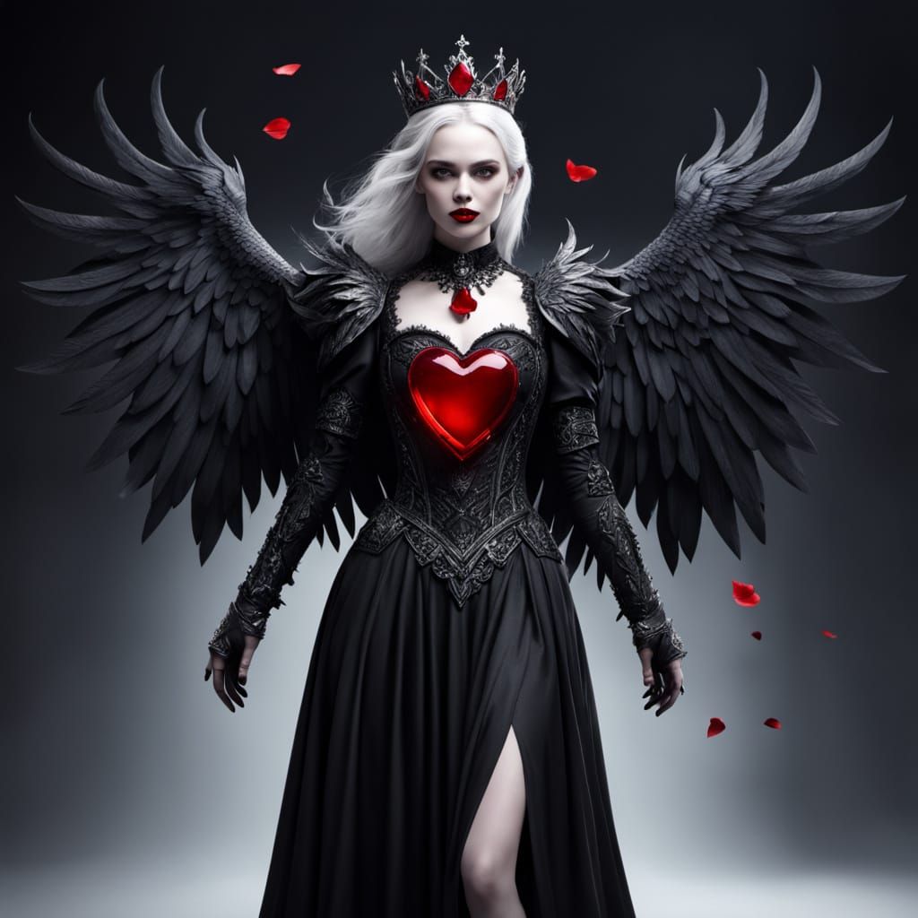 Majestic Gothic Woman with Raven Wings and Heart Jewels