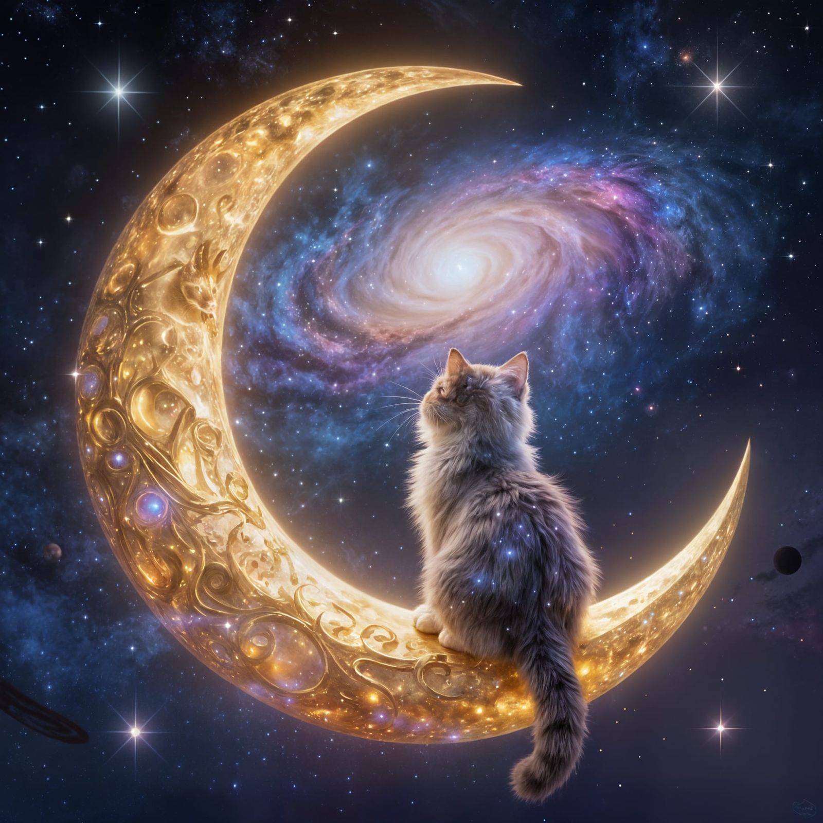 Nebula Cat on Moon Gazing at Galaxy