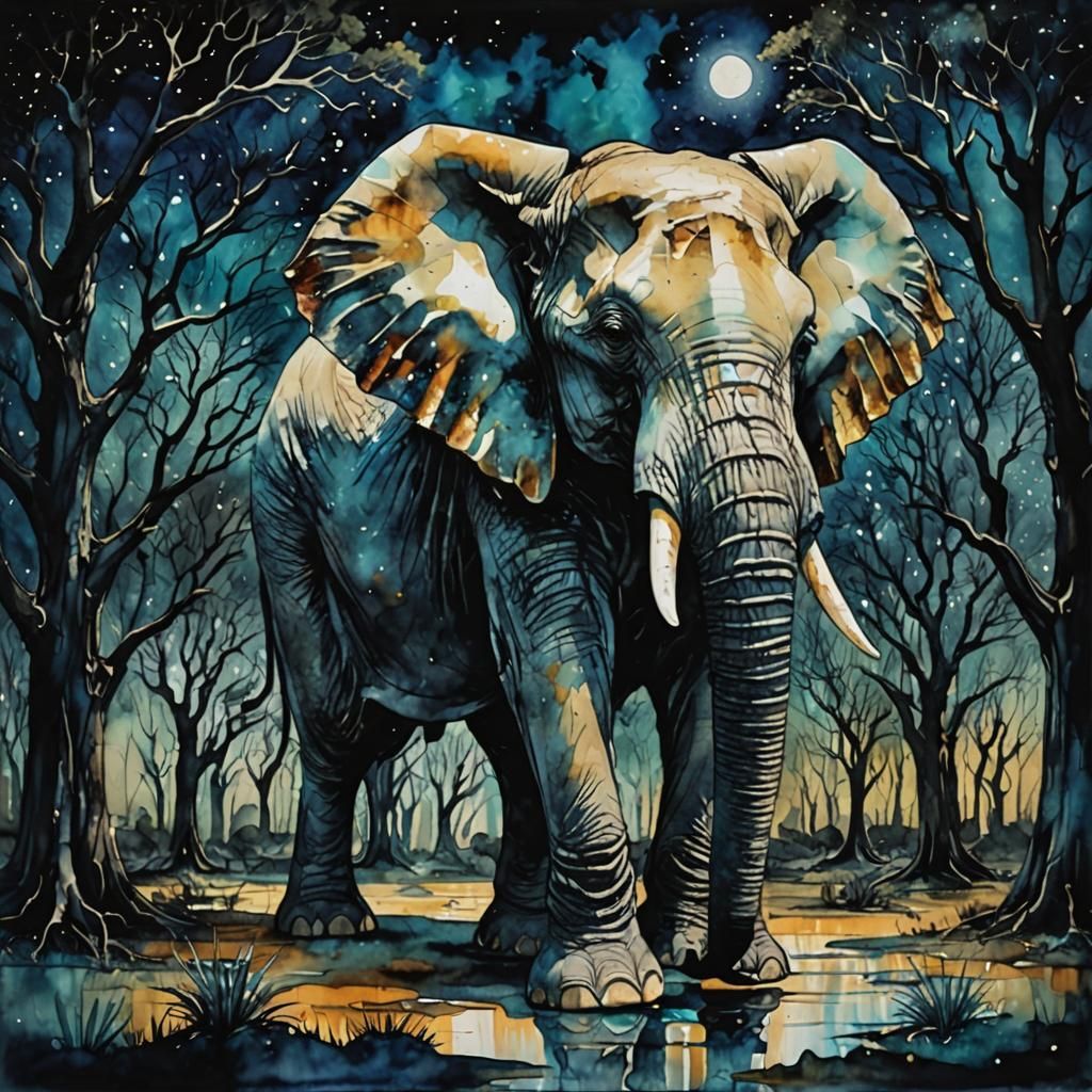 Elephant King of the Savannah in Otherworldly Darkness