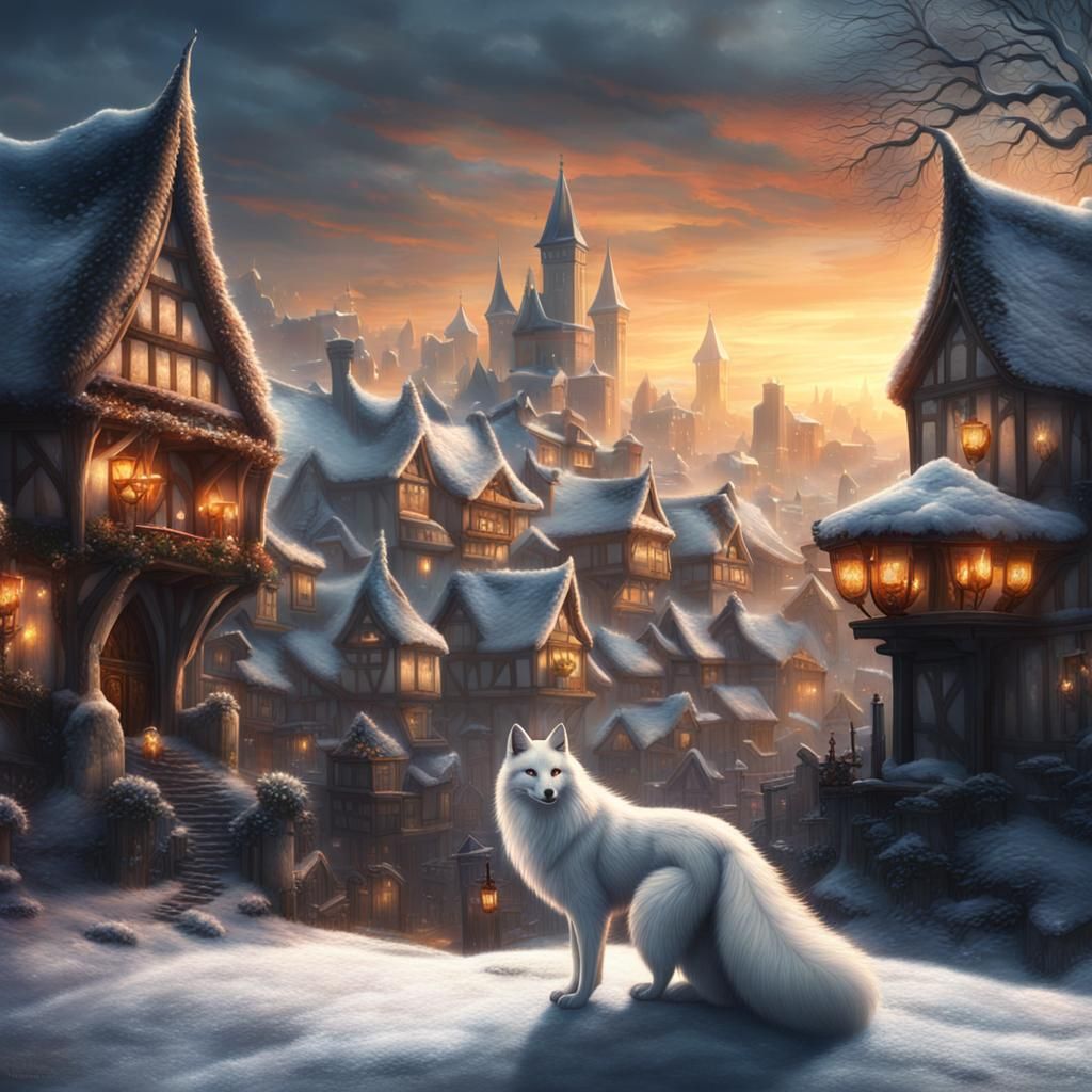 Snow White Kitsune Waits at Dawn: Digital Painting
