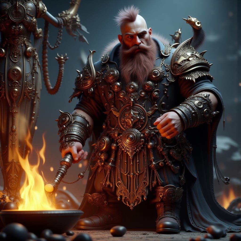 Dwarf Artisan Forges Warhammer in Vibrant Art Nouveau Punk S...