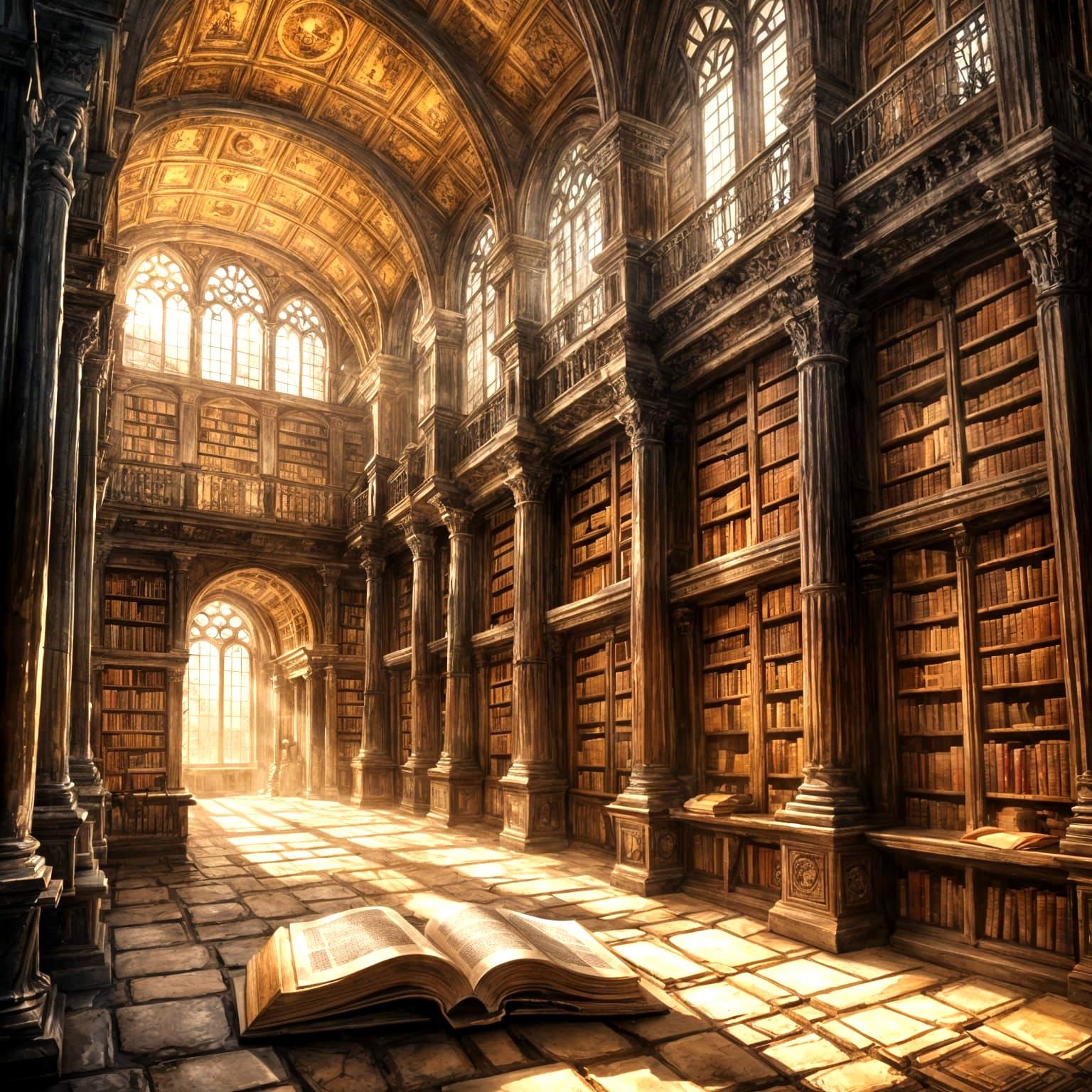 Magnificent Ancient Library Concept Art in Watercolor